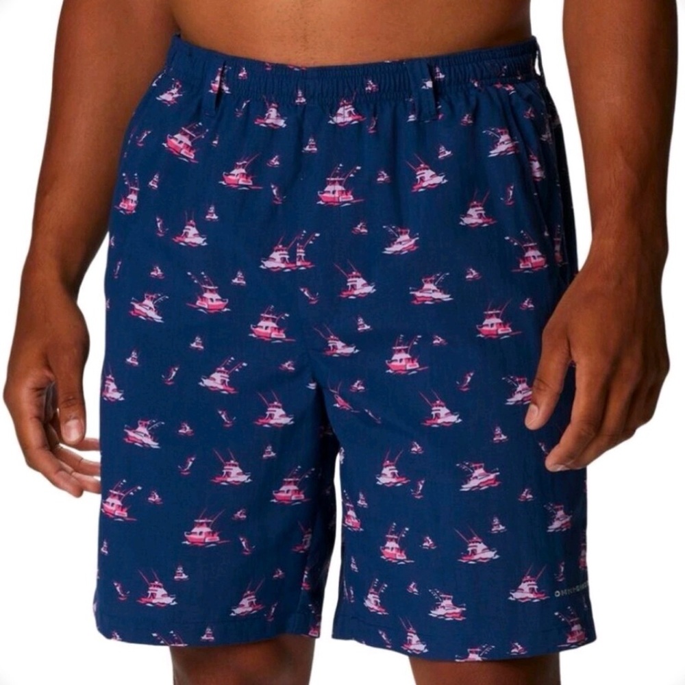 Columbia PFG Blue w/ Pink Sail Boats Swim Trunks Fishing Mesh Shorts Mens XL 132